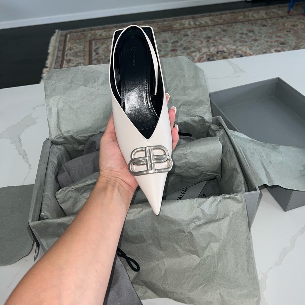 Balenciaga Cream Heels with Silver Detail